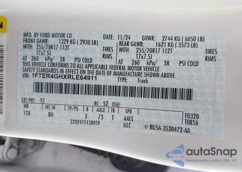 2024 Ford Ranger Xlt z USA, uszkodzony, nr VIN 1FTER4GHXRLE64911